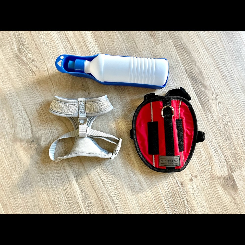 pet harness and water bowl